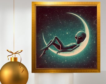 Lounging Alien Print, Surreal Art Poster Print, Earthling Christmas Gifts, Funny Sci-Fi Print