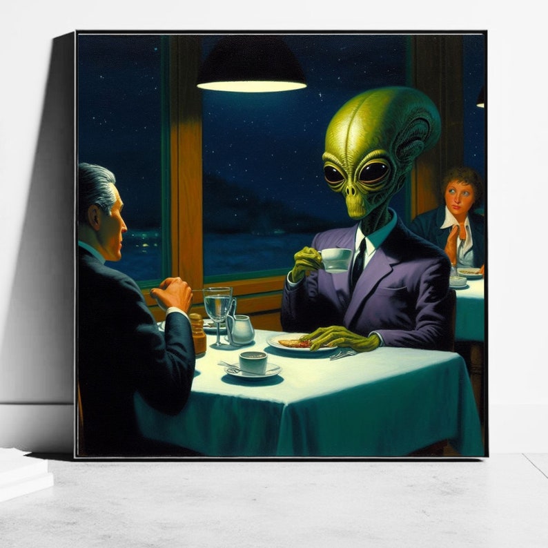 Aliens in Diners Getting Coffee I Dark Moody Wall Art Mid Century Modern I Handmade Retro Diner Art Prints alien coffee