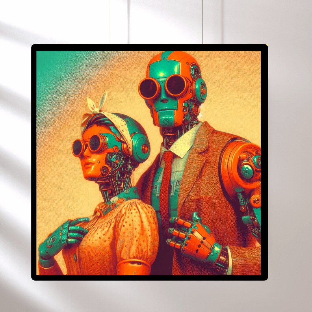 Retro Futuristic Robots Wall Art, Surrealism Android Couples Prints