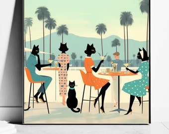 Mid Century Cats drinking cocktails Art, Trendy Wall Art, Cocktail Print, Unique Gifts, Cat Mom Gifts
