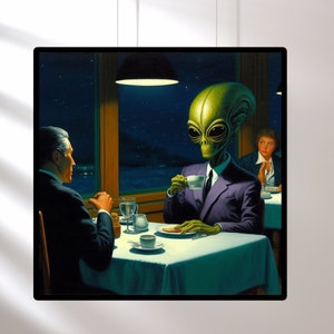 Aliens in Diners Getting Coffee I Dark Moody Wall Art Mid Century Modern I Handmade Retro Diner Art Prints image 6