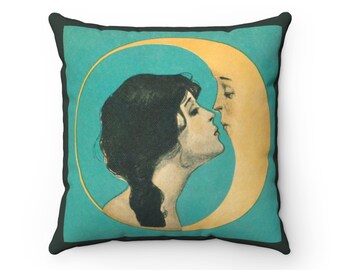Vintage Woman Kissing Crescent Moon Man art pillow cover, Man in the moon, Art nouveau, Art deco,  moon pillow, Crescent dixie moon