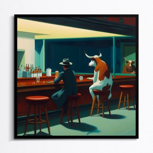 Cow Art Print, Funny Cow Wall Art, Cow and friend at a Bar Drinking, Cocktail Prints, Bar Cart Decor, Gifts for Him cow and friend