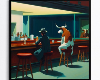 Cow Art Print, Funny Cow Wall Art, Cow and friend at a Bar Drinking,  Cocktail Prints, Bar Cart Decor,  Gifts for Him