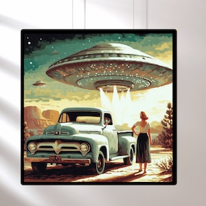 Retro Sci-Fi Art, Trendy Western Cowgirl Wall Art, Vintage 1950's Inspired Roswell UFO Sighting cowgirl with truck