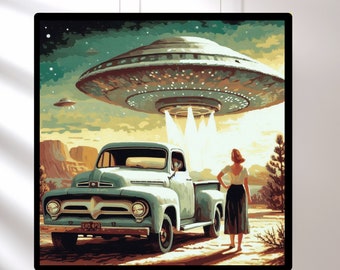 Retro Sci-Fi Art, Trendy Western Cowgirl Wall Art, Vintage 1950's Inspired Roswell UFO Sighting