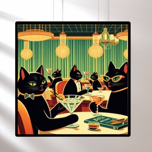 Arte para beber en el Día de los Gatos Negros, póster de cócteles de gatos, arte de gatos de mediados de siglo, decoración de bar retro, regalos para el hogar: regalo navideño único para mamás de gatos