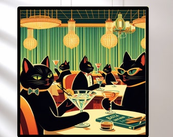 Black Cats Day Drinking Art, Cats Cocktail Poster, Mid Century Cat Art, Retro Bar Decor, Home Gifts - Unique Holiday Gift for Cat Moms