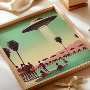Vintage 1960's Inspired UFO Art, Mid Century Modern Art, MCM Wall Art, Palm Springs Poster, UFO Gifts, Poolside Sighting image 2
