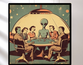 Retro Poker Art, boyfriend gift Christmas, Funny Poker Gifts, Retro Space Aesthetic, Alien Poster, Casino Wall Decor, Poker Wall Art