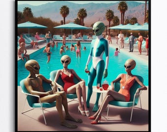 Alien Pool Party Print, Mid Century Modern Wall Art