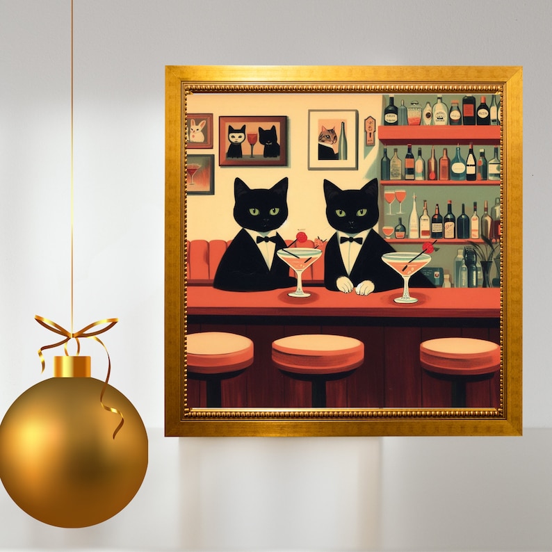 Cats Cocktail Print, Black Cats Day Drinking, Retro Bar Cart Cocktail Poster, Cute Apartment Wall Art image 3