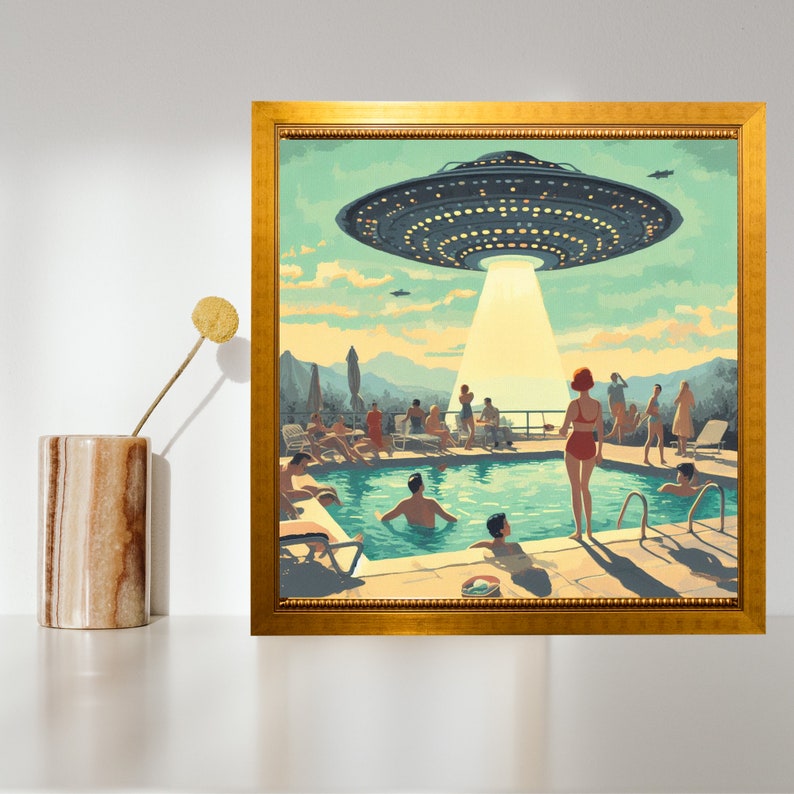 Vintage 1960's Inspired UFO Art, Mid Century Modern Art, MCM Wall Art, Palm Springs Poster, UFO Gifts, Poolside Sighting image 6