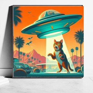 Cat Abduction Trendy Western Desert Wall Art, Vintage 1950's Inspired UFO Sighting Boyfriend Gift image 7