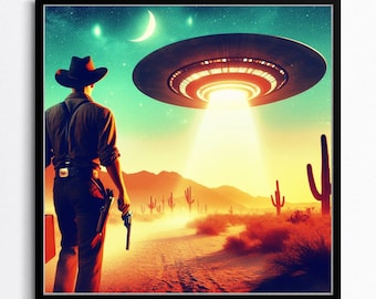 Space Cowboy - Trendy Western Cowboy Wall Art, Vintage 1950's Inspired UFO Sighting -Boyfriend Gift