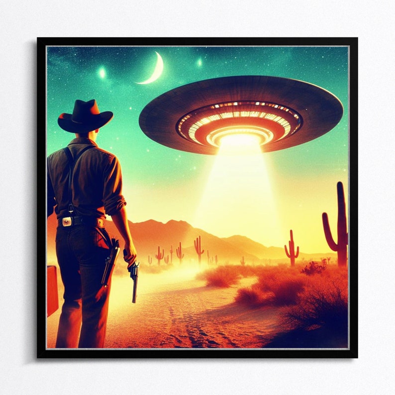 UFO Art, Retro Sci-Fi Art, Vintage 1950's Inspired UFO Sighting Space Cowboy Boyfriend Gift space cowboy