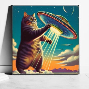 Cat Abduction Trendy Western Desert Wall Art, Vintage 1950's Inspired UFO Sighting Boyfriend Gift image 3