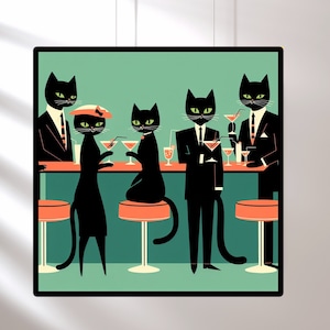 Impresión de cócteles de gatos, regalos para mamás de gatos, día de los gatos negros bebiendo, póster de cócteles de carrito de bar retro, lindo arte de pared para apartamento