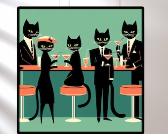 Cats Cocktail Print, Black Cats Day Drinking, Retro Bar Cart Cocktail Poster, Cute Apartment Wall Art