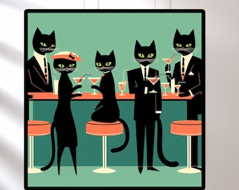 Mid Century Black Cats Cocktail Art Print, Retro Bar Decor
