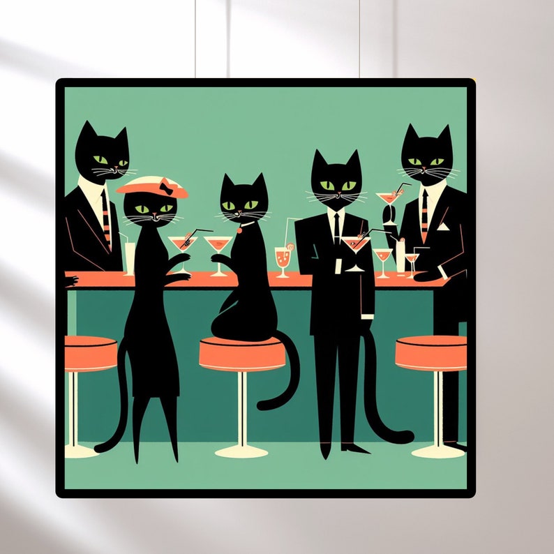 Mid Century Black Cats Cocktail Art Print, Retro Bar Decor image 1