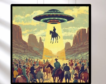 Rodeo Abduction, Vintage 1950's Inspired Roswell UFO Sighting, Trendy Western Cowboy Wall Art