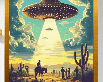Vintage 1950's Inspired Roswell UFO Sighting, Trendy Western Cowboy Wall Art