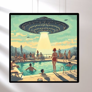 May include: A retro-style illustration of a flying saucer hovering over a swimming pool with people relaxing and swimming. The saucer is casting a beam of light down on the pool.