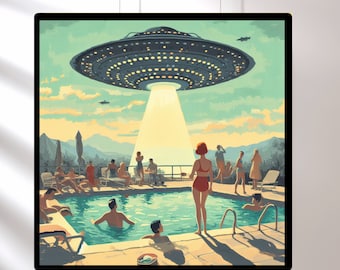 Vintage 1950's Inspired UFO Art, Retro Futuristic, MCM Wall Art,  Atomic Age Poster, UFO Gifts, Poolside Sighting