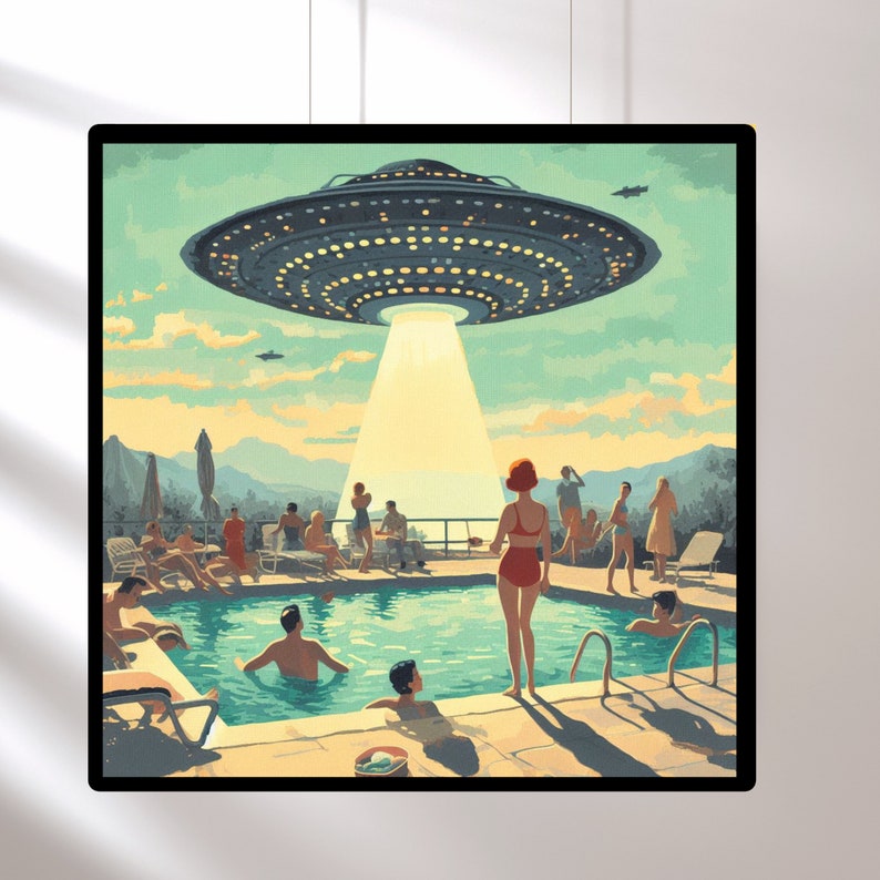 Vintage 1960's Inspired UFO Art, Mid Century Modern Art, MCM Wall Art, Palm Springs Poster, UFO Gifts, Poolside Sighting UFO pool w/girl