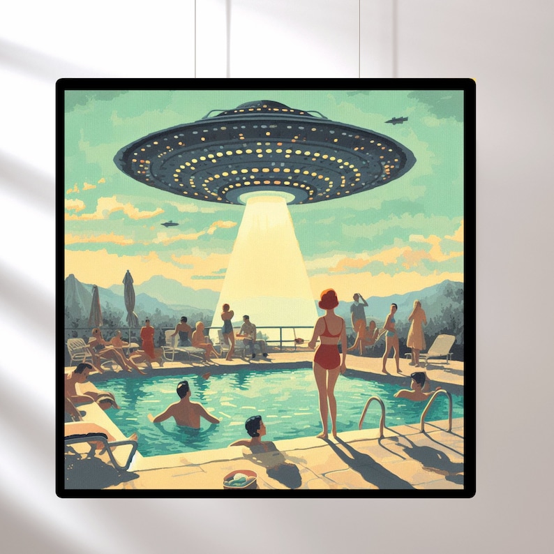 May include: A retro-style illustration of a flying saucer hovering over a swimming pool with people relaxing and swimming. The saucer is casting a beam of light down on the pool.