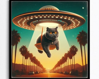 Funny UFO Cat Art, Persian Cat Print, Trendy Posters, Who's Abducting Who?