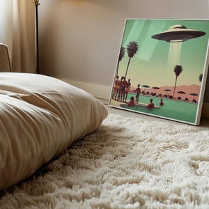 Vintage 1960's Inspired UFO Art, Mid Century Modern Art, MCM Wall Art, Palm Springs Poster, UFO Gifts, Poolside Sighting image 3