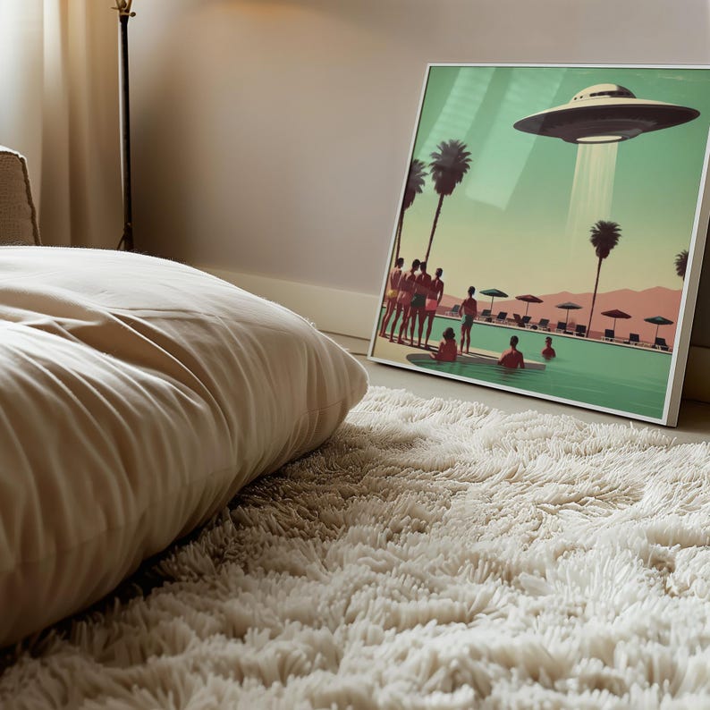 Vintage 1960's Inspired UFO Art, Mid Century Modern Art, MCM Wall Art, Palm Springs Poster, UFO Gifts, Poolside Sighting image 3