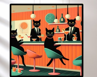 Black Cats Drinking Art: Retro Cat Cocktail Print, Mid Century Decor - Funny Valentine's Gift