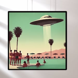 May include: A retro-style illustration of a flying saucer hovering over a swimming pool with palm trees and people swimming. The scene is set against a bright green sky.