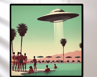 Vintage 1960's Inspired UFO Art, Mid Century Modern Art, MCM Wall Art,  Palm Springs Poster, UFO Gifts, Poolside Sighting