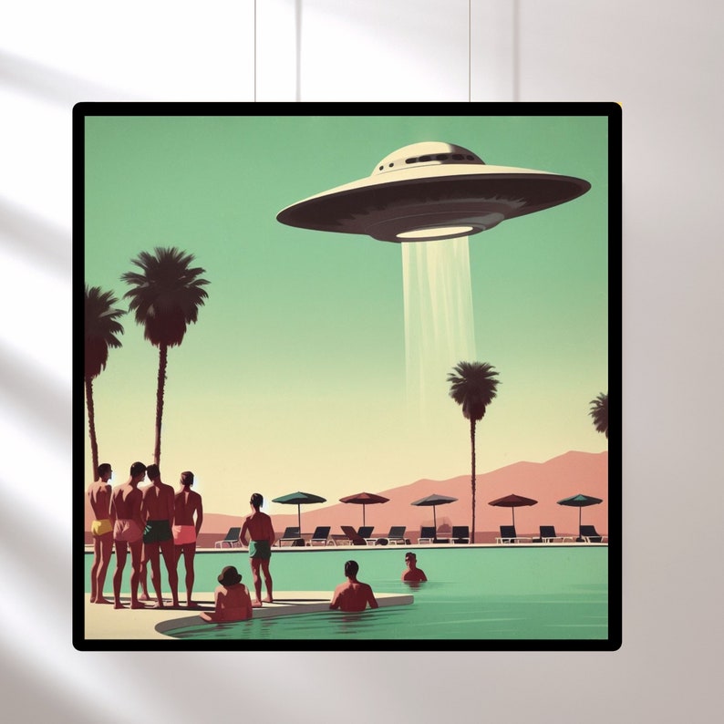 Vintage 1960's Inspired UFO Art, Mid Century Modern Art, MCM Wall Art, Palm Springs Poster, UFO Gifts, Poolside Sighting Palm Springs guys