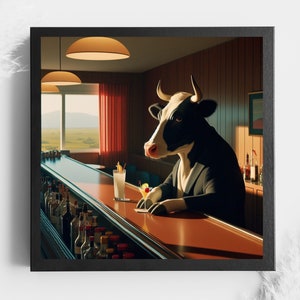 Cow Art Print, Funny Cow Wall Art, Cow and friend at a Bar Drinking, Cocktail Prints, Bar Cart Decor, Gifts for Him 5 o'clock somewhere