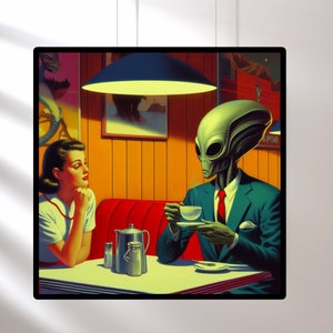 Aliens in Diners Getting Coffee I Vintage 1960&#39;s Inspired Alien UFO Sighting I Mid Century Modern I Dark Moody Wall Art