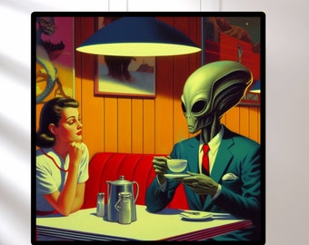 Alien Diner Print, Vintage 1960s Mid-Century Modern Wall Art