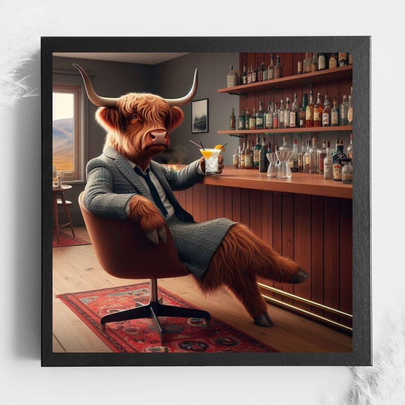 Cow Art Print, Funny Cow Wall Art, Cow and friend at a Bar Drinking, Cocktail Prints, Bar Cart Decor, Gifts for Him Highland happy hour