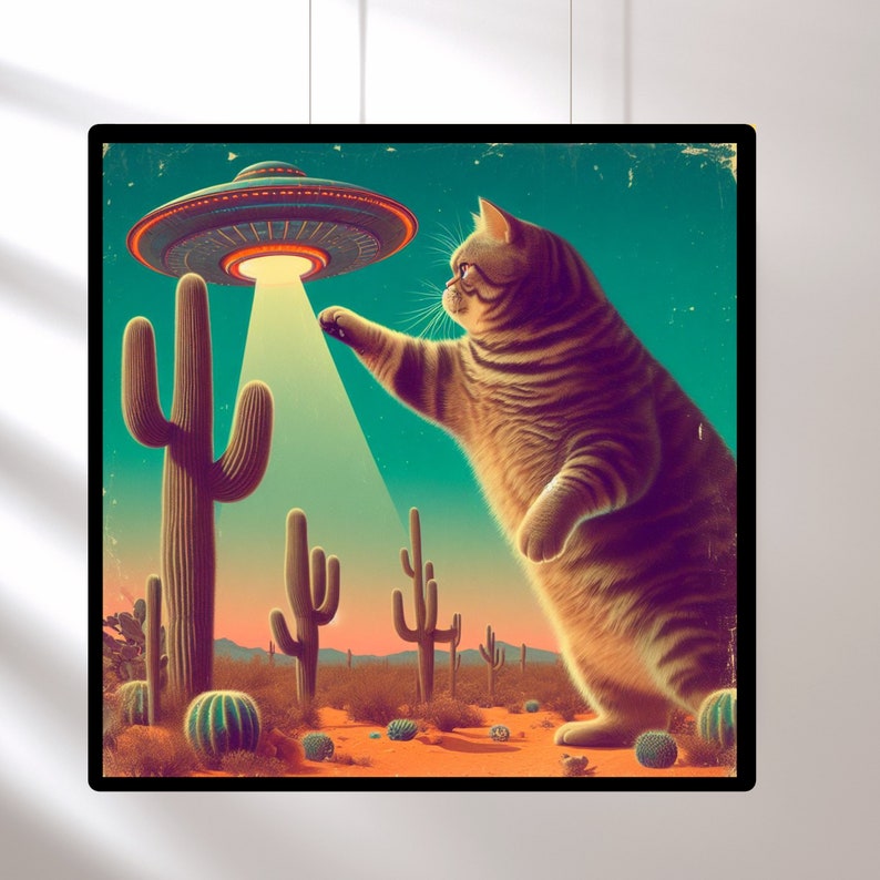 Cat Alien Abductions Trendy Cat Art Prints Mid Century Wall Art, Vintage 1960's Inspired UFO Sighting Boyfriend Gift batting cat