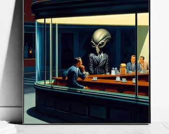 Retro Diner Art Prints I Aliens in Diners Getting Coffee I  Mid Century Modern I Dark Moody Wall Art