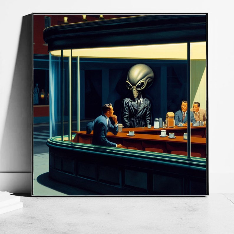 Aliens in Diners Getting Coffee I Dark Moody Wall Art Mid Century Modern I Handmade Retro Diner Art Prints Alien diner