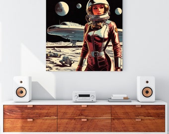 Retro Mid Century Female Astronaut Canvas | Surreal Space Art | Vintage-Inspired Cosmic Scene