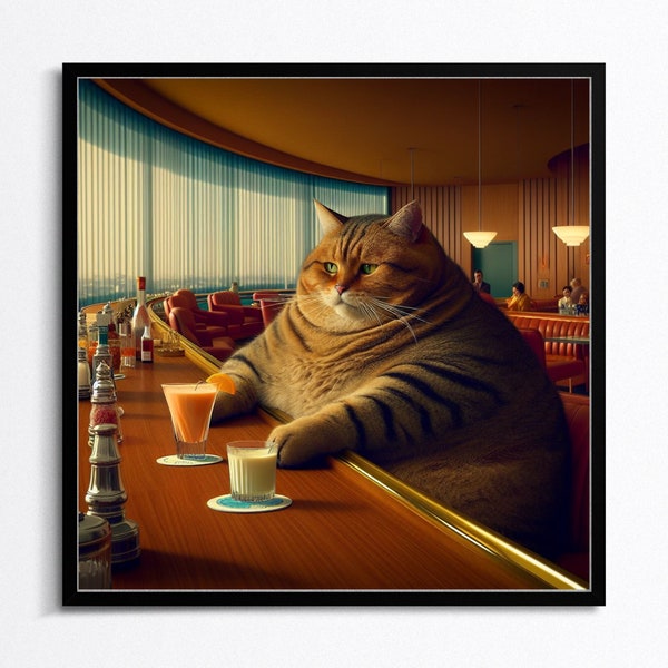 Fat Cat Art | Cocktail Print | Retro Bar Cart Aesthetic Decor | Cute Apartment Wall Art