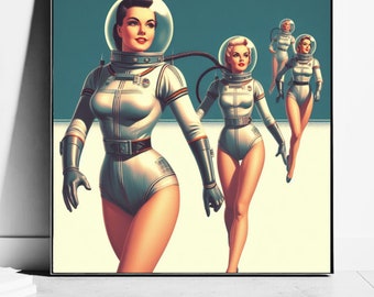 1960s Space Age Atomic Fashion Print, Retro Astronaut Woman, Physical Print, Unique Holiday Gifts