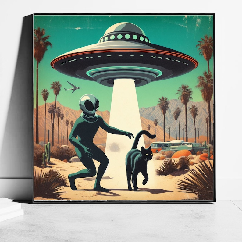 Cat Alien Abductions Trendy Cat Art Prints Mid Century Wall Art, Vintage 1960's Inspired UFO Sighting Boyfriend Gift image 2