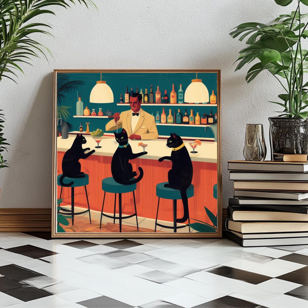 Mid-century Modern Black Cats Cocktail Bar Print, Retro Art - Etsy